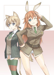 Rule 34 | 00s, 2girls, animal ears, bad id, bad pixiv id, cat ears, cat tail, charlotte e. yeager, eshelle, lynette bishop, multiple girls, one eye closed, rabbit ears, rabbit girl, smile, strike witches, tail, thighhighs, tsumutsumu, wink, world witches series