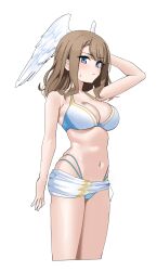 Rule 34 | 1girl, arm up, bare arms, bare shoulders, bikini, blue eyes, blush, brown hair, commentary, cowboy shot, english commentary, eunie (xenoblade), fried bocky, hand in own hair, head wings, highres, long hair, looking at viewer, navel, official alternate costume, sarong, simple background, solo, standing, stomach, swimsuit, thighs, white background, white bikini, wings, xenoblade chronicles (series), xenoblade chronicles 3