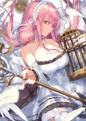 Rule 34 | 1girl, absurdres, angel wings, azur lane, birdcage, blush, breasts, cage, cleavage, detached collar, detached sleeves, dress, feathers, frilled hairband, frills, hairband, highres, holding, holding staff, kikurage tom., large breasts, long hair, looking at viewer, perseus (azur lane), pink eyes, pink hair, solo, staff, twintails, two-tone dress, white headwear, white legwear, wings