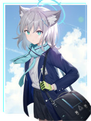 Rule 34 | 1girl, absurdres, animal ear fluff, animal ears, bag, black skirt, blazer, blue archive, blue eyes, blue jacket, blue necktie, blue scarf, blue sky, cat ears, cloud, commentary request, day, fringe trim, gloves, green gloves, grey hair, hair between eyes, hair ornament, halo, highres, jacket, long sleeves, looking at viewer, mismatched pupils, necktie, open clothes, open jacket, parted lips, pleated skirt, roi (liu tian), scarf, school uniform, shiroko (blue archive), shirt, shoulder bag, skirt, sky, solo, white shirt