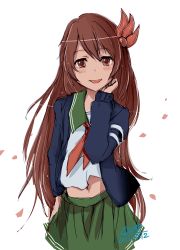 Rule 34 | 10s, 1girl, 2015, 4suke, artist name, blush, brown eyes, brown hair, dated, green skirt, hair between eyes, hair ornament, hand on own cheek, hand on own face, jacket, kantai collection, kisaragi (kancolle), kisaragi kai ni (kancolle), long hair, long sleeves, looking at viewer, navel, open clothes, open jacket, open mouth, petals, pleated skirt, school uniform, serafuku, simple background, skirt, smile, solo, white background