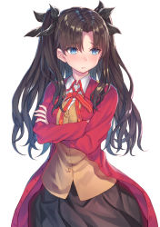 Rule 34 | 1girl, black ribbon, blue eyes, blush, brown hair, brown skirt, brown vest, closed mouth, cowboy shot, crossed arms, fate/stay night, fate (series), hair ribbon, hakuishi aoi, homurahara academy school uniform, jacket, long hair, long sleeves, looking away, looking to the side, medium skirt, neck ribbon, open clothes, open jacket, parted bangs, raised eyebrows, red jacket, red ribbon, ribbon, school uniform, simple background, skirt, solo, standing, tohsaka rin, two side up, unbuttoned, vest, white background, wing collar