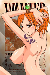 Rule 34 | 1girl, alternate hairstyle, arms up, back, bracelet, breasts, closed mouth, compass, female focus, hair up, hands up, huge breasts, jewelry, log pose, looking at viewer, looking back, merry program, nami (one piece), nape, narrow waist, naughty face, nipples, nude, nude filter, one piece, orange hair, parted bangs, playing with own hair, red eyes, short hair, shoulder tattoo, smile, solo, tattoo, third-party edit, upper body, wanted, wrist compass