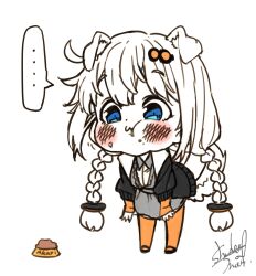 Rule 34 | ..., 1girl, :3, animal ears, black jacket, blue eyes, blush, bowl, braid, cheek bulge, chibi, collared shirt, commentary, commentary request, dog ears, dog tail, dress, drooling, english commentary, food, food on face, full mouth, grey dress, hair ornament, highres, jacket, kemonomimi mode, kizuna akari, leaning forward, long hair, low twin braids, mixed-language commentary, open clothes, open jacket, orange pantyhose, pantyhose, pet bowl, pet food, raised eyebrows, shade of trees, shirt, shirt under dress, short dress, signature, simple background, solo, spoken ellipsis, standing, tail, twin braids, vocaloid, voiceroid, white background, white hair