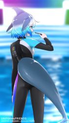 Rule 34 | 1girl, alternate costume, aqua hair, blue eyes, blue hair, bodysuit, cetacean tail, commentary request, common bottlenose dolphin (kemono friends), diving suit, dorsal fin, fins, fish tail, from behind, gradient hair, grey hair, kemono friends, long sleeves, looking away, multicolored hair, pool, short hair, solo, stylecase, tail, wetsuit, whistle