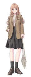 1girl absurdres bang_dream! bang_dream!_it&#039;s_mygo!!!!! black_skirt black_socks blue_eyes brown_bag brown_footwear brown_hair brown_jacket commentary full_body grey_shirt hand_in_pocket highres jacket korean_commentary long_hair looking_at_viewer nagasaki_soyo pleated_skirt ptal shirt simple_background skirt socks solo white_background