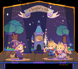 Rule 34 | :3, = =, animal ears, arknights, arm up, aunt and niece, backdrop, black dress, black footwear, blemishine (arknights), blonde hair, blue eyes, blue tunic, blush, blush stickers, bow, brown eyes, cape, castle, chibi, closed eyes, commentary, costume, cousins, crown, curtains, dress, english commentary, english text, family, flower, gloves, hair bow, hair flower, hair ornament, hat, highres, holding, holding sword, holding wand, holding weapon, horse boy, horse ears, horse girl, horse tail, knight, miyaji (miyaji0517), mlynar (arknights), nearl (arknights), one eye closed, pink bow, pink gloves, ponytail, red cape, serious, siblings, sisters, sparkle, spotlight, stage, standing, star wand, sword, tail, tree, tunic, twitter username, uncle and niece, wand, weapon, whislash (arknights), white dress, witch, witch hat
