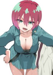 1girl amate_yuzuriha aqua_eyes aqua_shirt aqua_skirt blush breasts cleavage collarbone gundam gundam_gquuuuuux hair_between_eyes highres huge_breasts leaning_forward long_sleeves looking_at_viewer lower_teeth_only multicolored_hair open_mouth pink_hair sanpaku satou_daiji shirt short_hair simple_background skirt solo sweat teeth thighs two-tone_hair white_background