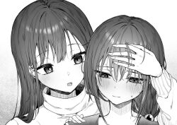 2girls blush closed_mouth commentary greyscale hair_between_eyes hand_on_another&#039;s_shoulder hand_on_forehead hand_up highres long_hair long_sleeves monochrome multiple_girls open_mouth original piripun portrait puffy_long_sleeves puffy_sleeves sailor_collar shirt sweat symbol-only_commentary turtleneck upper_body white_background