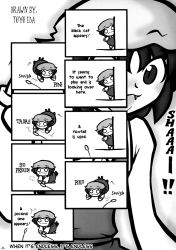 Rule 34 | :3, animal ears, cat ears, cat girl, cat tail, cat teaser, chen, comic, english text, fang, female focus, greyscale, hat, highres, jewelry, monochrome, multiple tails, o o, tail, touhou