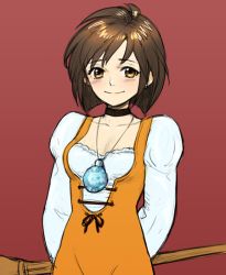Rule 34 | 1girl, blush, bodysuit, breasts, brown eyes, brown hair, choker, closed mouth, final fantasy, final fantasy ix, garnet til alexandros xvii, jewelry, looking at viewer, medium breasts, necklace, orange bodysuit, short hair, simple background, smile, solo, staff, uboar, weapon