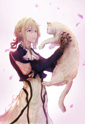 aise6035 animal ascot blonde_hair blue_eyes braid braided_bun brooch cat dress hair_bun highres holding holding_animal holding_cat jewelry light_blush light_smile mechanical_arms prosthesis prosthetic_arm tagme violet_evergarden violet_evergarden_(series) white_ascot white_cat