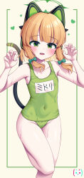 Rule 34 | 1girl, absurdres, alternate color school swimsuit, alternate costume, animal ear headphones, animal ears, bare arms, bare legs, bare shoulders, blonde hair, blue archive, blunt bangs, blush, bow, cat ear headphones, cat tail, claw pose, collarbone, commentary request, covered navel, fake animal ears, fake tail, flat chest, foot out of frame, green bow, green eyes, green halo, green one-piece swimsuit, hair bow, halo, headphones, heart, highres, korean commentary, looking at viewer, low twintails, metaljelly, midori (blue archive), name tag, old school swimsuit, one-piece swimsuit, open mouth, school swimsuit, short hair, simple background, smile, solo, sparkling eyes, standing, standing on one leg, swimsuit, tail, thighs, twintails, v-shaped eyebrows, wet, yellow background