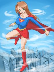 Rule 34 | 1girl, blonde hair, boots, breasts, cape, dc comics, covered erect nipples, female focus, full body, green eyes, high heels, kryptonian, long hair, miniskirt, outdoors, red cape, shoes, skirt, sky, solo, supergirl, superman (series), tank top, tororu