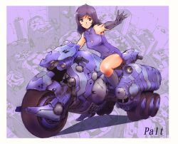 Rule 34 | 1girl, bare shoulders, boots, collared dress, dress, elbow gloves, gloves, highres, knee boots, looking at viewer, medium hair, moriguchi nao (naonao), motor vehicle, motorcycle, on motorcycle, original, purple dress, purple gloves, purple hair, purple theme, science fiction, short dress, sleeveless, sleeveless dress, solo, vehicle focus