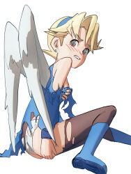 1girl angel_wings ass blonde_hair blue_footwear boots breasts breath_of_fire breath_of_fire_iv dress earrings extreme_nattou feathered_wings hairband highres jewelry knee_boots looking_at_viewer nina_(breath_of_fire_iv) panties pantyhose short_hair simple_background solo stud_earrings torn_clothes torn_panties underwear very_short_hair white_background white_panties white_wings wings