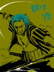 Rule 34 | 1boy, dual wielding, green hair, haramaki, holding, male focus, one piece, roronoa zoro, sabaody archipelago, scar, shirt, solo, striped clothes, striped shirt, sword, tegaki, weapon