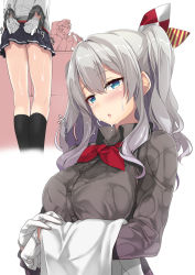 Rule 34 | 10s, 1boy, 1girl, admiral (kancolle), arms behind back, blouse, blue eyes, blush, breasts, faceless, faceless male, gintarou (kurousagi108), gloves, grey shirt, hair between eyes, hair ribbon, kantai collection, kashima (kancolle), large breasts, long hair, long sleeves, looking at another, miniskirt, open mouth, pleated skirt, ribbon, shirt, silver hair, skirt, skirt grab, twintails, upper body, wavy hair, wet, wet clothes, white gloves