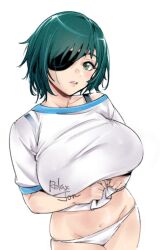 Rule 34 | 1girl, artist name, breasts, chainsaw man, clothes lift, eyepatch, green eyes, green hair, himeno (chainsaw man), large breasts, looking at viewer, navel, panties, parted lips, relaxjon, shirt, shirt lift, short hair, simple background, solo, underwear, watermark, white background, white panties, white shirt