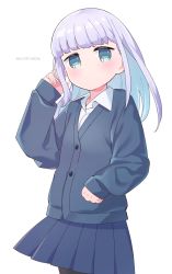 Rule 34 | 1girl, 4rion, absurdres, aharen-san wa hakarenai, aharen reina, blush, buttons, cardigan, closed mouth, collared shirt, commentary request, green eyes, hand up, highres, long hair, long sleeves, pantyhose, pleated skirt, purple hair, school uniform, shirt, simple background, skirt, sleeves past wrists, solo, twitter username, white background, white shirt