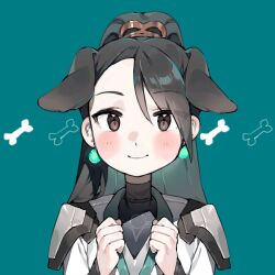 Rule 34 | 1girl, animal ears, black hair, dog ears, green background, highres, looking at viewer, ponytail, sage (valorant), simple background, solo, twitter, upper body, useq1067, valorant
