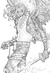 Rule 34 | 1boy, arm at side, asymmetrical hair, belt, braid, closed mouth, collarbone, dark-skinned male, dark skin, facial hair, facial tattoo, feet out of frame, fire, flaming weapon, floating hair, frilled shirt collar, frills, gloves, greyscale, highres, holding, holding weapon, jacket, katana, king (one piece), leather, leather jacket, leather pants, long hair, long sleeves, looking at viewer, male focus, monchi (tamakin mnc), monochrome, one piece, pants, pectorals, plunging neckline, scabbard, serious, sheath, shirt, shoulder spikes, single braid, solo, spiked gloves, spikes, standing, stubble, sword, tattoo, toned, unsheathed, v-shaped eyebrows, weapon, wings