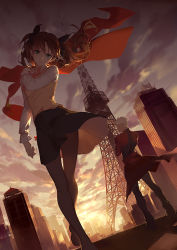 Rule 34 | 1boy, 1girl, archer (fate), ask (askzy), breasts, brown hair, building, city, dark skin, fate/stay night, fate (series), green eyes, hair ribbon, homurahara academy school uniform, long legs, looking at viewer, looking back, pantyhose, ribbon, scenery, school uniform, shade, skyscraper, small breasts, sunset, tohsaka rin, tokyo tower, toy block, twintails, white hair, wind