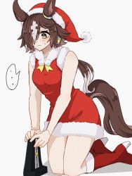 Rule 34 | ..., 1girl, animal ears, bare shoulders, boots, brown eyes, brown hair, christmas, closed mouth, dress, full body, hair over one eye, hat, hide oo, high heel boots, high heels, highres, horse ears, horse girl, horse tail, ponytail, red dress, red footwear, santa hat, seiza, simple background, sitting, sketch, sleeveless, sleeveless dress, solo, tail, umamusume, vodka (umamusume), white background