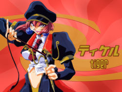 Rule 34 | 1990s (style), 1girl, angry, character name, earrings, hat, jewelry, midriff, necktie, red background, red hair, retro artstyle, saber marionette j, shimamura hidekazu, short hair, solo, tiger (saber j), uniform, wallpaper, whip