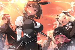 Rule 34 | 5girls, 88 flak (ash arms), ash arms, blonde hair, breasts, cloud, commentary request, hair between eyes, hair ornament, hairclip, hat, highres, long hair, long sleeves, looking at viewer, maus (ash arms), military, military hat, military uniform, multiple girls, short hair, sky, twintails, uniform, waving