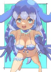 Rule 34 | 1girl, absurdres, bikini, blue background, blue bikini, blue eyes, blue hair, cetacean tail, choker, dolphin girl, elbow gloves, fins, fish tail, frills, gloves, head fins, highres, kemono friends, long hair, looking at viewer, navel, osnmykk, simple background, solo, steller&#039;s sea cow (kemono friends), swimsuit, tail