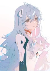 Rule 34 | 1girl, 7tkei, ahoge, ayanami rei, blue hair, bodysuit, breasts, crossed bangs, evangelion: 3.0+1.0 thrice upon a time, expressionless, from side, hair ornament, hairclip, highres, long hair, looking at viewer, neon genesis evangelion, parted lips, plugsuit, rebuild of evangelion, red eyes, simple background, solo, upper body, white background, white bodysuit