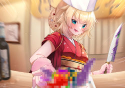 Rule 34 | 1girl, :d, akai haato, akai haato (new year), aqua eyes, bad food, blonde hair, blurry, blurry background, blush, breasts, censored, censored food, commentary request, earrings, fang, floral print, gloves, hair ornament, heart, heart hair ornament, highres, holding, holding knife, hololive, indoors, japanese clothes, jewelry, kimono, knife, long hair, looking at viewer, magowasabi, motion blur, motion lines, obi, open mouth, pink gloves, red kimono, sash, signature, skin fang, sleeves pushed up, smile, solo, table, twitter username, upper body, virtual youtuber, white headwear