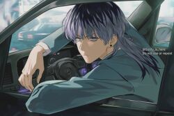 Rule 34 | 1boy, arm rest, car, closed mouth, collared jacket, collared shirt, driving, ear piercing, expressionless, formal, haitani rindou, jacket, leaning forward, light blue jacket, looking at viewer, male focus, motor vehicle, piercing, purple eyes, purple hair, road, shirt, solo, suit, tokyo revengers, wolf cut, yoursunfy