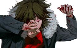 Rule 34 | 1boy, arm up, black jacket, bleeding from forehead, blood, blood on clothes, blood on face, blood on hands, bloodshot eyes, brown hair, colored sclera, commentary request, duckchuni, fur-trimmed jacket, fur trim, green eyes, isoi reiji, jacket, korean commentary, long sleeves, male focus, open clothes, open jacket, red sclera, red shirt, saibou shinkyoku, sanpaku, shirt, short hair, solo