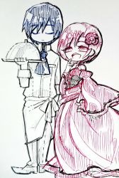 Rule 34 | 1boy, 1girl, akujiki musume conchita (vocaloid), apron, bad id, bad pixiv id, blue hair, chef, chibi, choker, closed eyes, closed mouth, corset, covering own mouth, detached sleeves, dress, evil smile, evillious nendaiki, flower, frilled dress, frills, hair flower, hair ornament, hand on own chin, holding, holding plate, kaito (vocaloid), long dress, meiko (vocaloid), monochrome, nagori, nagori (voyage), neckerchief, open mouth, plate, red dress, red eyes, red hair, scribble, serving dome, short hair, size difference, smile, traditional media, tray, vocaloid, waist apron