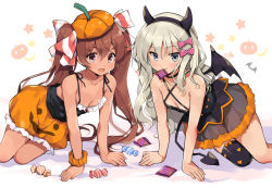 Rule 34 | 2girls, all fours, black legwear, blonde hair, blue eyes, breasts, brown hair, candy, commentary, crescent, dark-skinned female, dark skin, dress, fake horns, fang, food, ghost, grecale (kancolle), hair ribbon, halloween, halloween costume, horns, jack-o&#039;-lantern, kantai collection, libeccio (kancolle), long hair, mouth hold, multiple girls, odawara hakone, open mouth, ribbon, scrunchie, simple background, single thighhigh, small breasts, star (symbol), tail, tan, thighhighs, twintails, white background, wings, wrist scrunchie