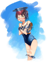 Rule 34 | 1girl, arena (company), asymmetrical hair, black gloves, blue one-piece swimsuit, brown hair, competition school swimsuit, cosplay, cowboy shot, crop top, embarrassed, framed breasts, gloves, hair between eyes, headphones, i-13 (kancolle), i-13 (kancolle) (cosplay), kantai collection, kusakabe (kusakabeworks), logo, looking at viewer, machinery, one-piece swimsuit, open mouth, partially fingerless gloves, ponytail, sailor collar, school swimsuit, shikinami (kancolle), short ponytail, single glove, solo, swimsuit, teeth, upper teeth only, white sailor collar, yellow eyes