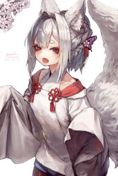 Rule 34 | 1girl, animal ears, braid, collarbone, fang, flower, fox ears, fox girl, fox tail, hair between eyes, hair ornament, highres, japanese clothes, open mouth, original, red eyes, silver hair, simple background, solo, suzuno (bookshelf), tail, thick eyebrows, white background