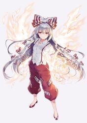 Rule 34 | 1girl, baggy pants, bow, closed mouth, collared shirt, fire, frown, fujiwara no mokou, grey hair, hair bow, hand in pocket, highres, hiiragi akio, long hair, looking at viewer, official art, ofuda, ofuda on clothes, pants, red bow, red eyes, red footwear, red pants, shirt, shoes, solo, split mouth, suspenders, third-party source, torn clothes, torn sleeves, touhou, two-tone bow, very long hair, white bow, white shirt, wing collar