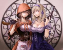 Rule 34 | 2girls, alice (alice in wonderland), alice in wonderland, ammunition belt, apron, asymmetrical docking, bandolier, blonde hair, blue eyes, breast press, breasts, brown hair, cape, cigarette, cleavage, corset, crossover, grey eyes, gun, hairband, handgun, holding, holding gun, holding weapon, hood, jewelry, koh (minagi kou), large breasts, lever action, lips, little red riding hood, little red riding hood (grimm), long hair, looking at viewer, low twintails, multiple girls, necklace, over shoulder, red cape, revolver, shotgun, standing, trigger discipline, twintails, weapon, weapon over shoulder, yellow eyes