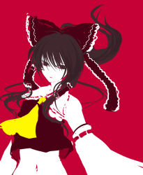 Rule 34 | 1girl, ascot, bare shoulders, bow, brown hair, collar, crop top, detached sleeves, female focus, hair bow, hakurei reimu, harano, long sleeves, looking at viewer, midriff, navel, ponytail, red background, red eyes, ribbon-trimmed sleeves, ribbon trim, sidelocks, simple background, solo, stomach, touhou