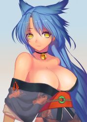Rule 34 | 1girl, animal ears, bell, blue hair, blush, breasts, cleavage, collar, collarbone, dcoagt, large breasts, long hair, looking at viewer, neck bell, no bra, rance (series), smile, solo, suzume (rance), upper body, yellow eyes