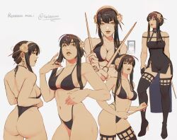 Rule 34 | 1girl, ass, bikini, black bikini, black footwear, black hair, black thighhighs, collarbone, commentary, dagger, english commentary, gold hairband, hair behind ear, hairband, high heels, highres, holding, holding knife, ifragmentix, knife, looking at viewer, looking to the side, looking up, making-of available, multiple views, navel, orange eyes, parted lips, pink lips, short hair with long locks, spy x family, stiletto (weapon), swimsuit, thighhighs, weapon, yor briar