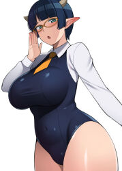 Rule 34 | 1girl, blue eyes, blunt bangs, breasts, commentary request, covered navel, cowboy shot, glasses, honda naoki, horns, large breasts, long sleeves, looking at viewer, lv1 maou to one room yuusha, medium hair, one-piece swimsuit, open mouth, pointy ears, shirt, shirt under swimsuit, simple background, solo, swimsuit, thick thighs, thighs, white background, white shirt, wing collar, zenia (lv1 maou to one room yuusha)