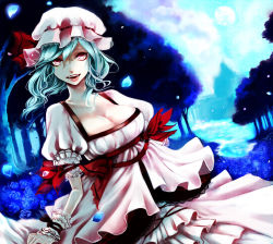 Rule 34 | 1girl, apt, bad id, bad pixiv id, blood, blue hair, breasts, cleavage, female focus, forest, hat, highres, moon, nature, aged up, outdoors, red eyes, remilia scarlet, short hair, sky, solo, touhou, tree, ut (apt)