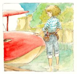 Rule 34 | 1990s (style), 1girl, aircraft, airplane, blush, border, cliff, cloud, day, fio piccolo, forest, from behind, full body, highres, kurenai no buta, li (lithium0522), nature, outdoors, pants, pants rolled up, plaid, plaid shirt, retro artstyle, savoia s.21, seaplane, shirt, short hair, sky, sleeves rolled up, solo, standing, tool belt, wading, water, white border