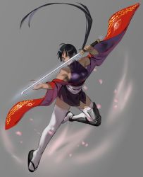 Rule 34 | 1girl, artist name, bare shoulders, black hair, breasts, covered mouth, dark-skinned female, dark skin, grey background, highres, holding, holding sword, holding weapon, hunyan, large breasts, long hair, long sleeves, obi, original, ponytail, sandals, sash, simple background, solo, sword, thighhighs, very long hair, weapon, white sash, white thighhighs, wide sleeves