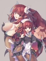Rule 34 | 2girls, breasts, cross, demon girl, disgaea, dual persona, gloves, hat, horns, la pucelle, large breasts, long hair, maou prier, multiple girls, open mouth, pantyhose, pointy ears, prier, red eyes, red hair, rento (rukeai), smile, wings