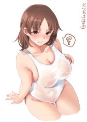 Rule 34 | 1girl, angry, arm support, blush, breasts, brown eyes, brown hair, chiyoda (kancolle), clenched teeth, collarbone, cropped legs, ebifurya, female pubic hair, groin, highres, kantai collection, large breasts, looking at viewer, nipples, one-piece swimsuit, pubic hair, school swimsuit, see-through, short hair, simple background, solo, swimsuit, teeth, twitter username, white background, white one-piece swimsuit